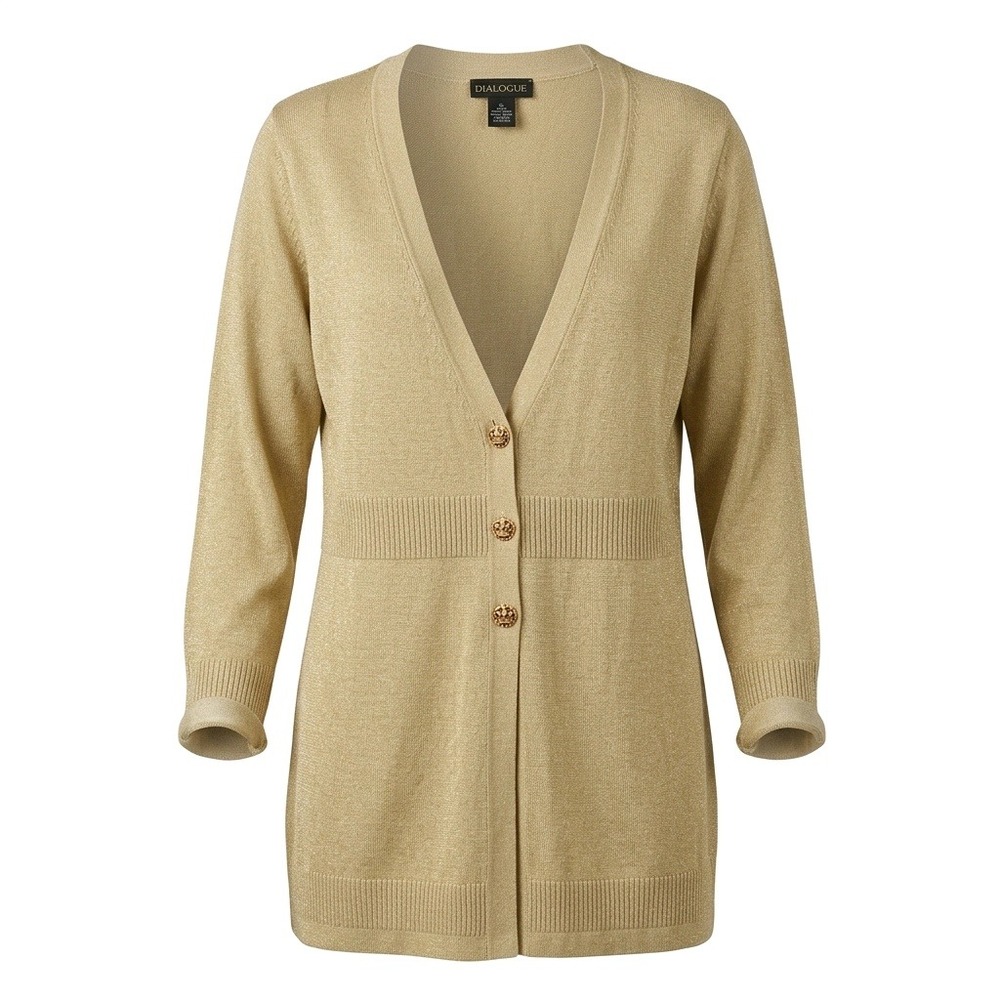 Dialogue Gold Silk Cashmere Blend Cardigan Sweater Metallic 2X Longline Crown